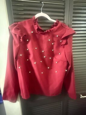 SHEIN Burgundy Ruffle Pearl-Accent Blouse